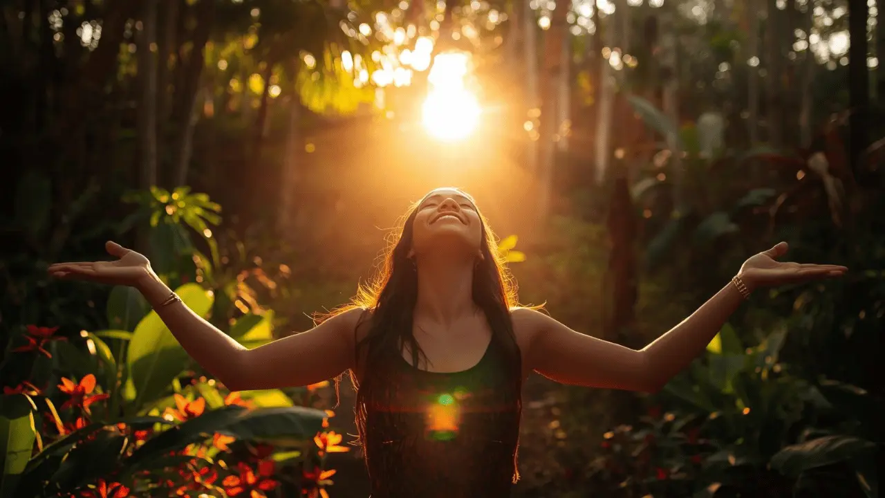 A person standing in sunlight with open arms, surrounded by nature in full bloom, symbolizing renewal and transformation through prayer