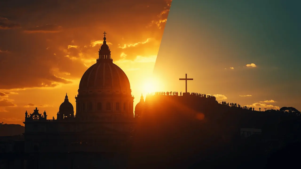 Split-style image of St. Peter’s Basilica and a modern church cross symbolizing unity between Catholicism and Christianity