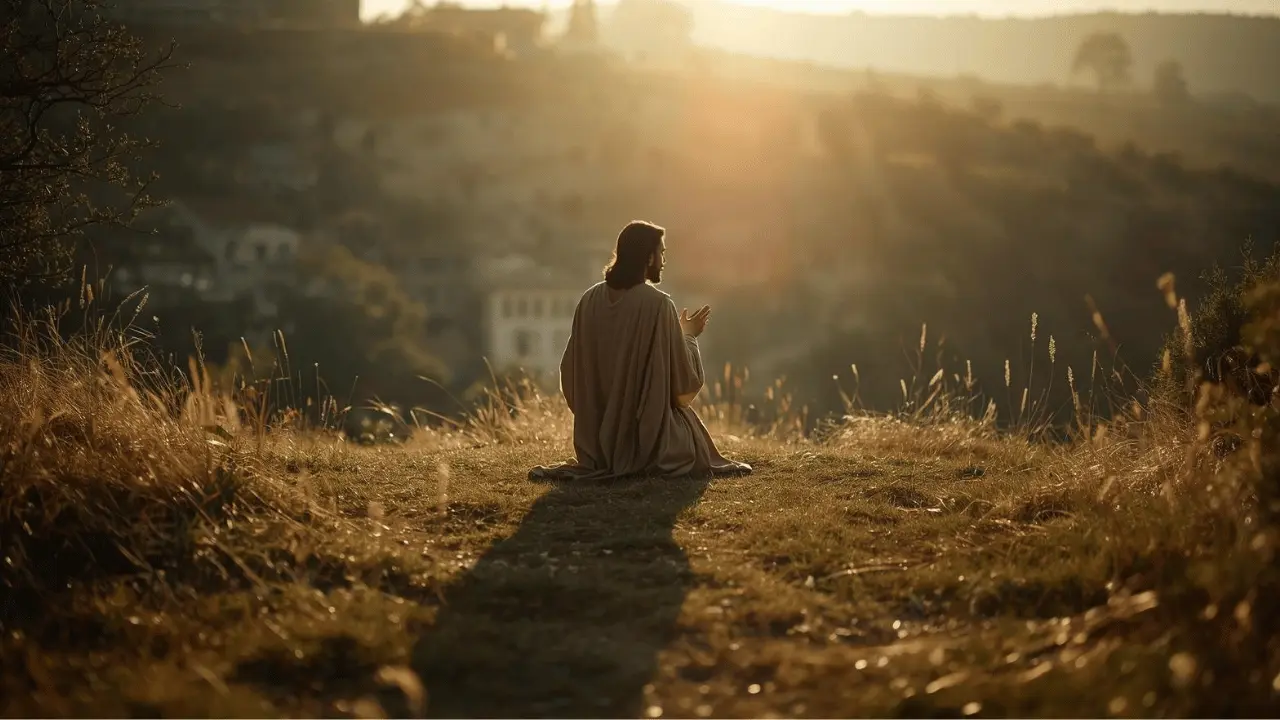 Jesus kneeling in solitude under a soft dawn sky, hands lifted or clasped, radiating peace and devotion