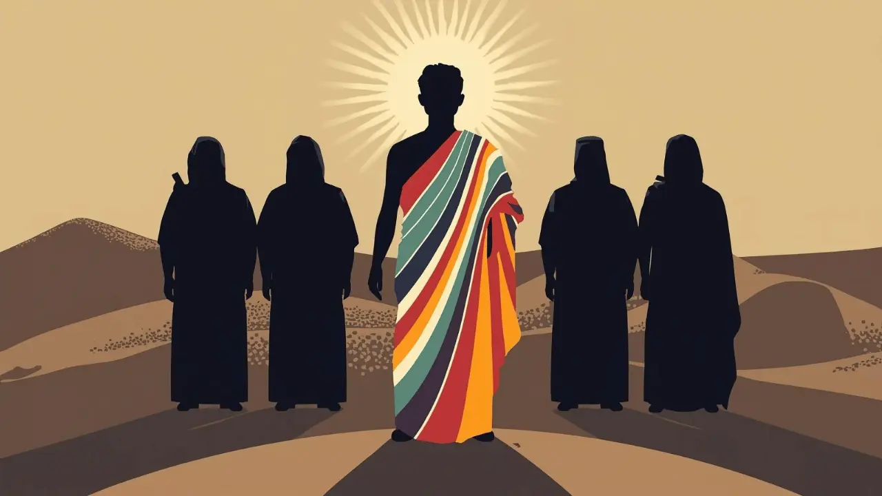 Stick figure of Joseph wearing a colorful robe while silhouettes of his brothers stand at a distance in shadow.