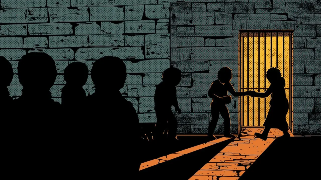 Silhouette of Joseph guiding or helping other prisoners within prison walls, symbolizing humble leadership before recognition