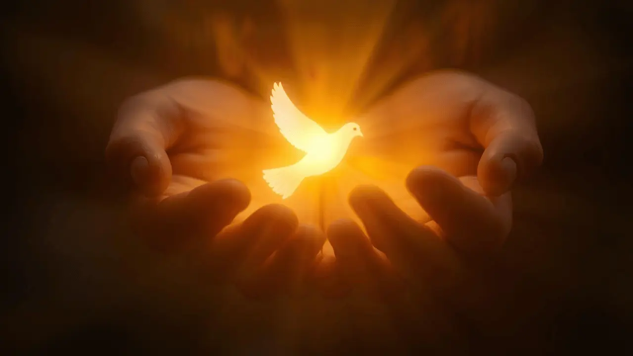 Soft golden light shaped like a dove descending toward praying hands, symbolizing the Holy Spirit’s presence and guidance