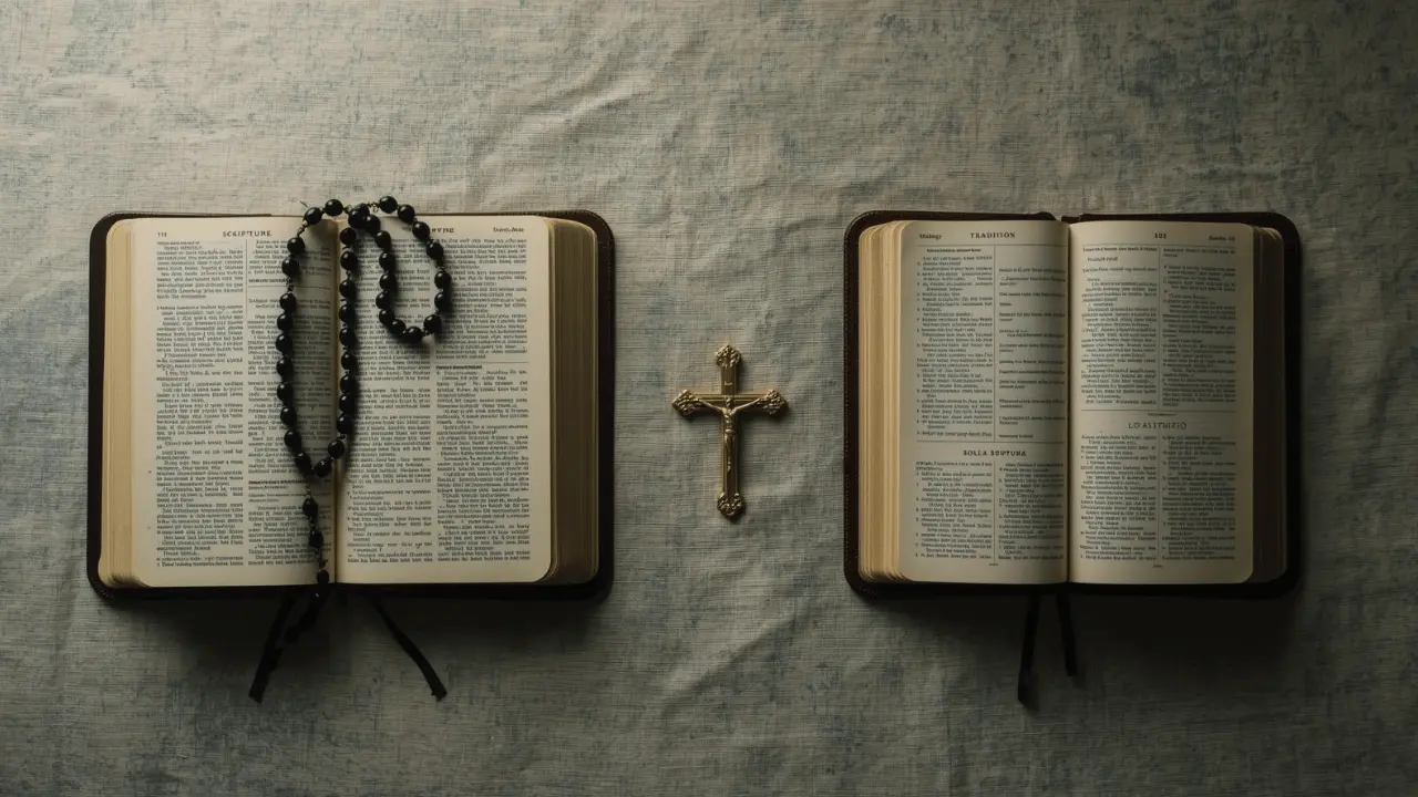 Visual comparison of Catholic and Protestant approaches to Scripture, showing an open Bible with a rosary beside a Bible with highlighted verses