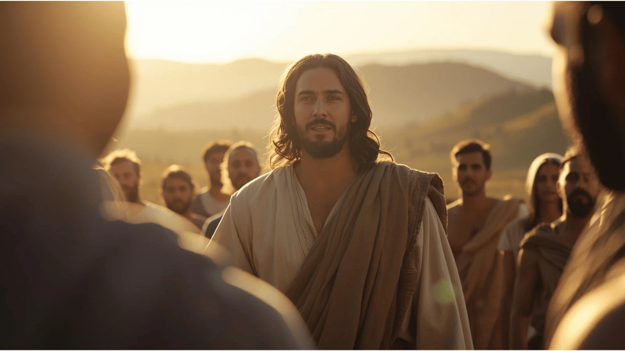 Artistic depiction of Jesus standing among a crowd, teaching with compassion and authority