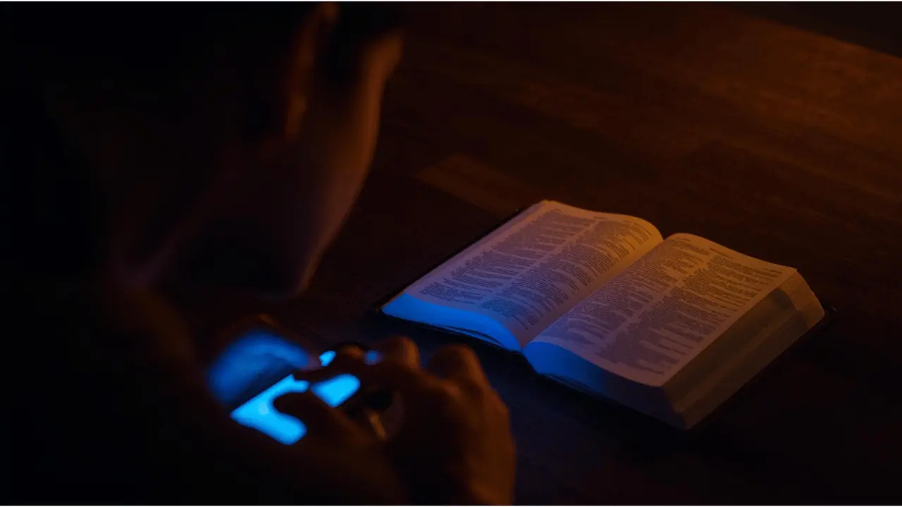 Man distracted by phone while Bible and cross lie nearby, symbolizing self-centeredness and spiritual distraction