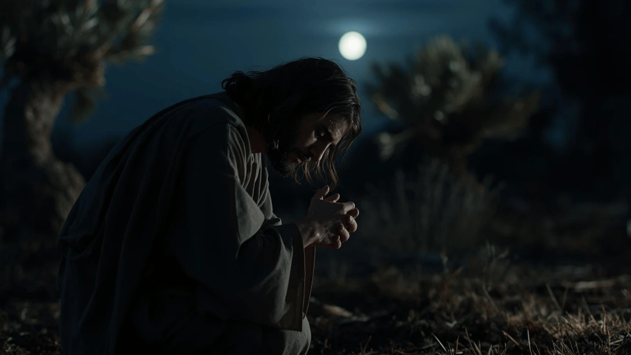 Jesus praying in the Garden of Gethsemane, showing deep sorrow and human emotion