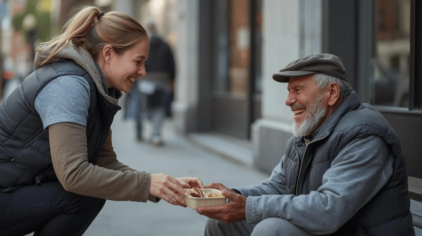 Volunteer offering food and kindness to someone in need as an act of mercy