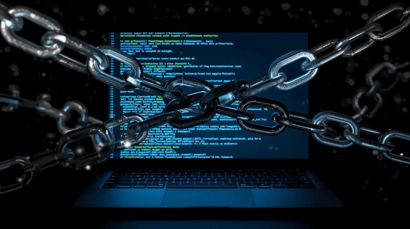 Abstract digital chains on a computer screen symbolizing modern forms of exploitation