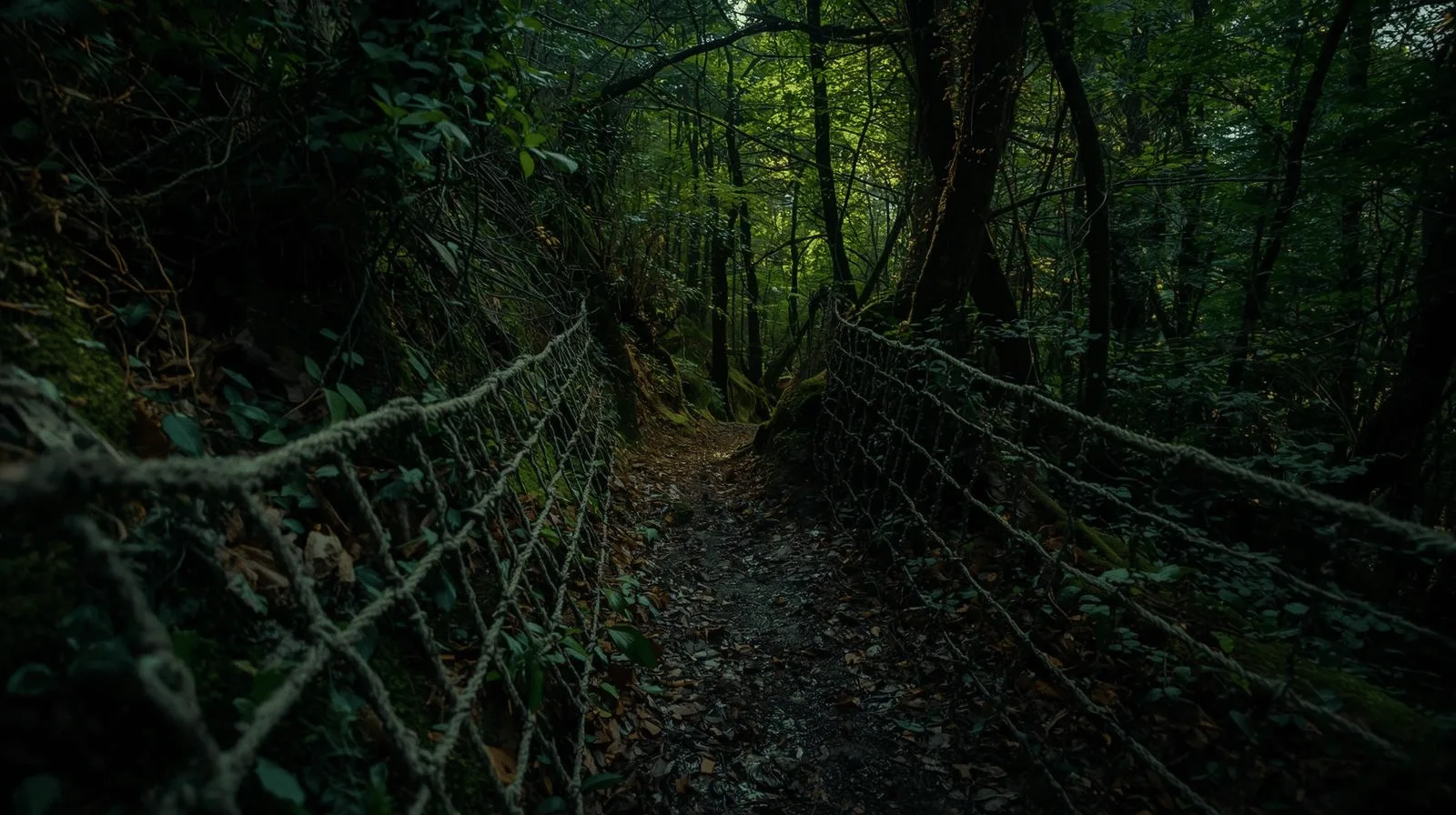 Symbolic image of a net on a dark path representing hidden injustice from Psalm 9:30