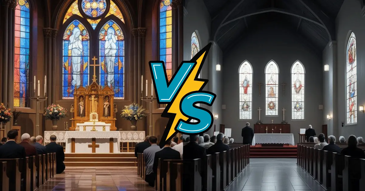 Comparison of the Ten Commandments in Catholic and Protestant traditions, showing differences in numbering but the same moral teachings.