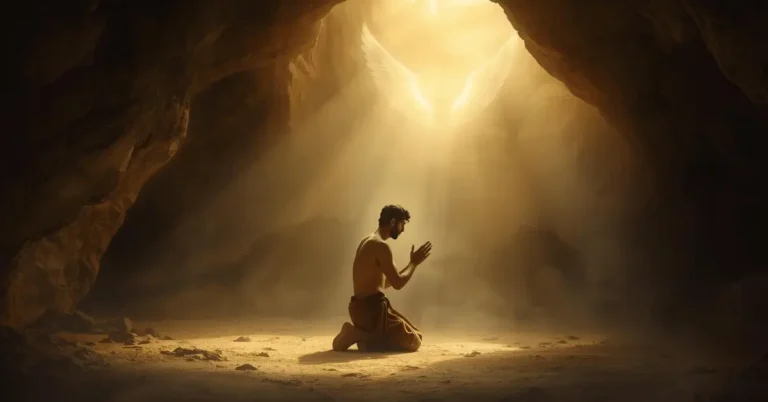 David praying for God’s mercy in a cave, inspired by Psalm 57:1, seeking refuge under God’s wings