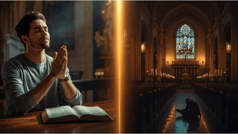 image showing contrast between a Born Again Christian praying with a Bible and a Catholic worshiper in church, symbolizing unity in faith