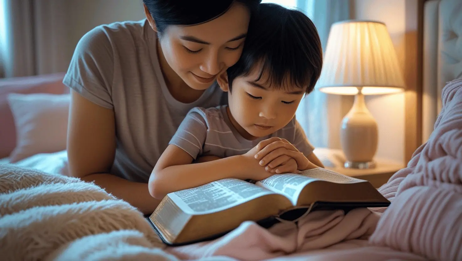 A parent and child sitting together, reading the Bible, demonstrating how to integrate faith into daily routines