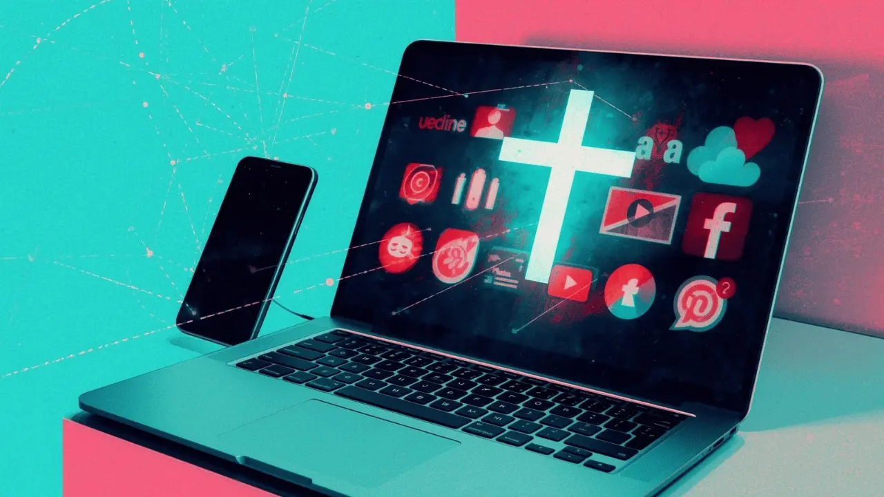 A person typing on a laptop with social media icons, chat bubbles, and light rays forming a cross in the background