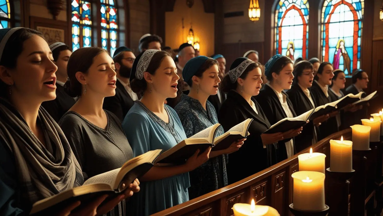 Jewish worshippers singing Psalms in a synagogue