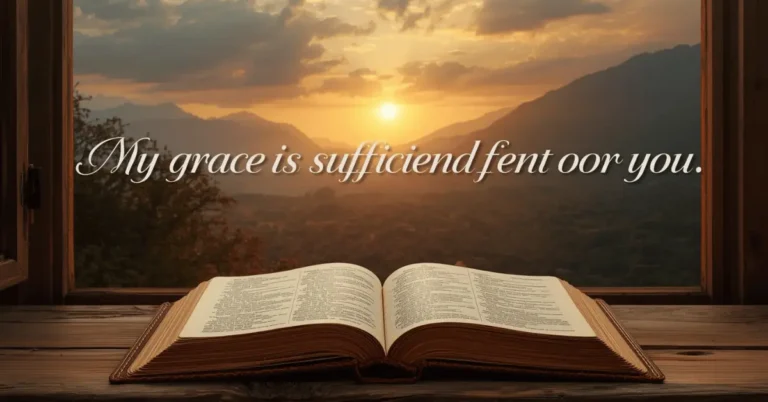 Sunrise over mountains with an open Bible and the words ‘My grace is sufficient for you’ from 2 Corinthians 12:9