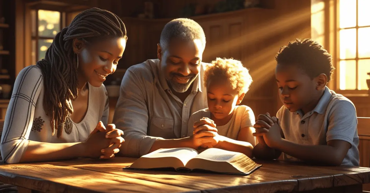 A family gathered around a table with an open Bible, holding hands in prayer, symbolizing the role of faith in parenting.