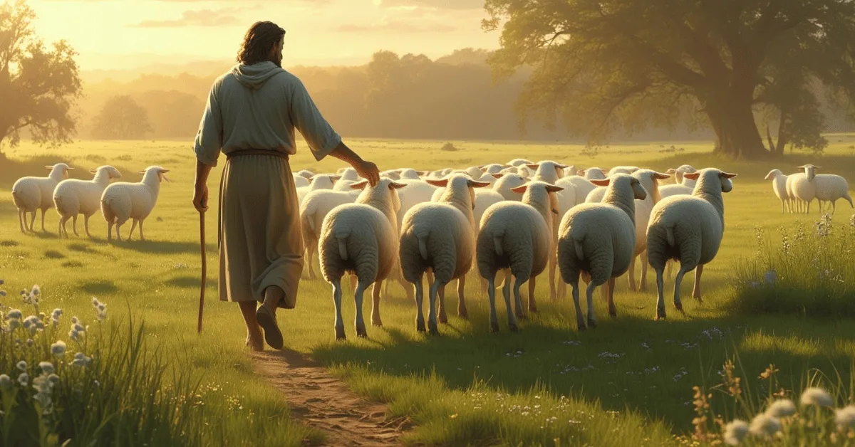 A shepherd leading his flock through peaceful green pastures at sunrise, symbolizing God’s care in Psalm 23