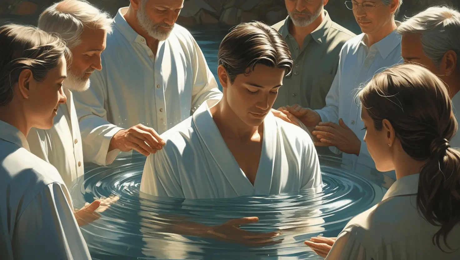 A born again Christian being baptized as a public declaration of faith and new life in Christ