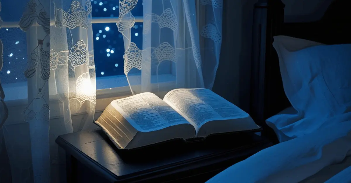 Open Bible by a bedside lamp symbolizing peace from fear at night