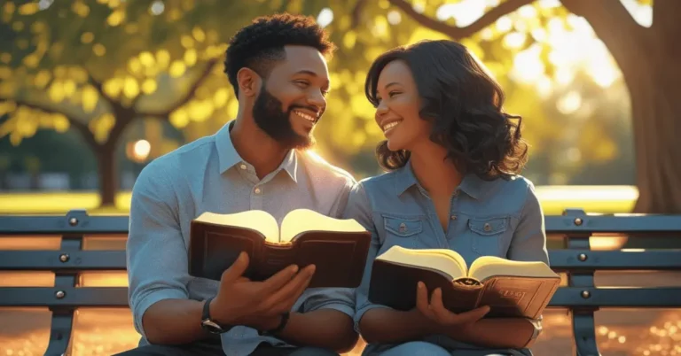 Born Again Christian dating Catholic couple reading Bible together in harmony