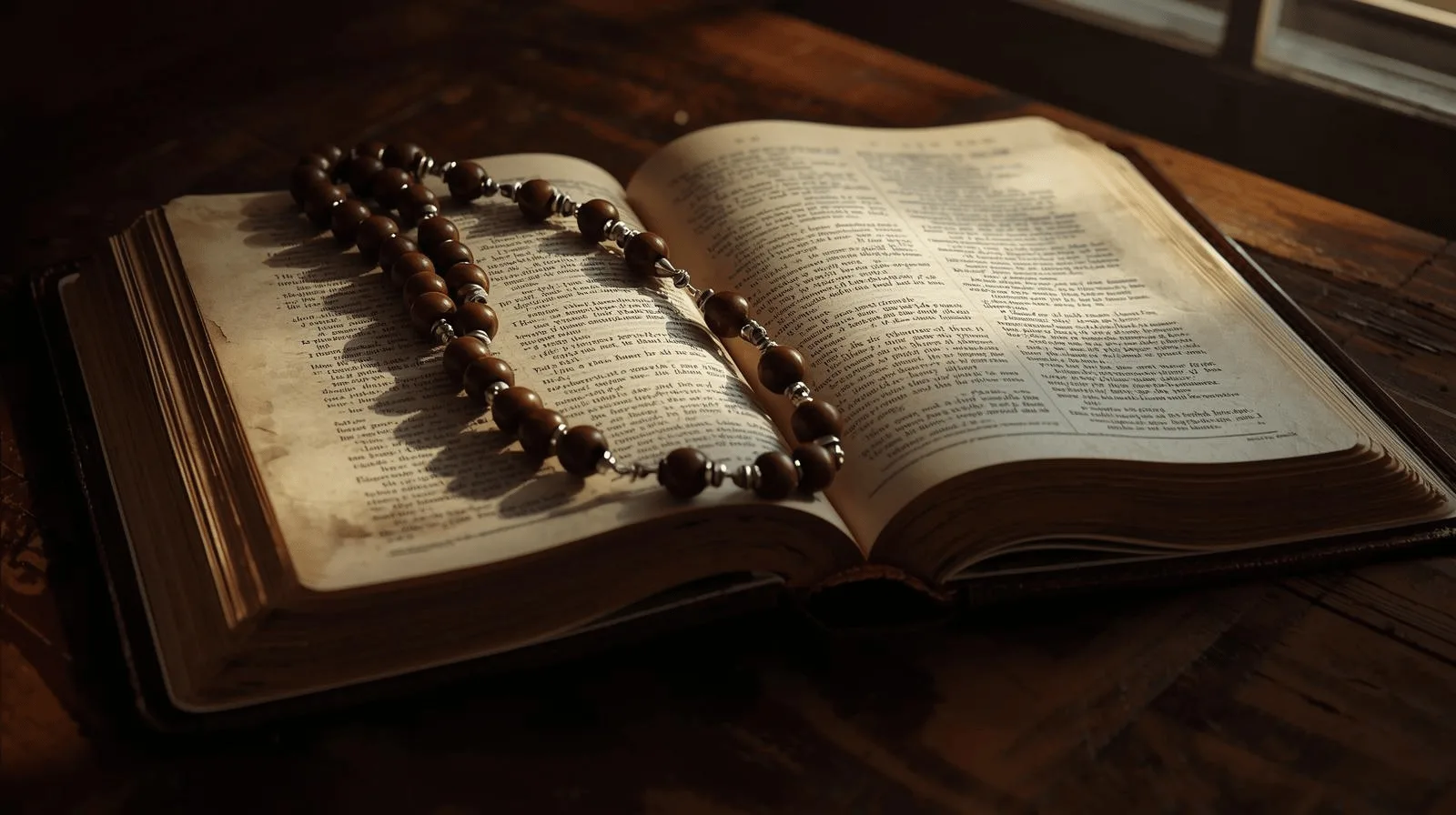 Open Bible on a table with rosary beads