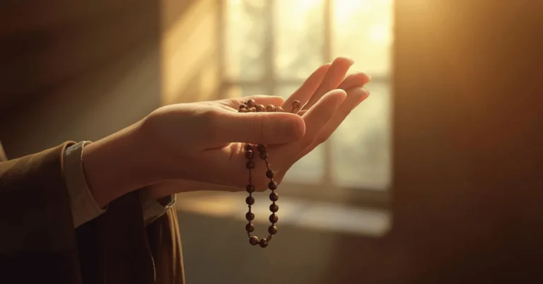 Catholic praying with rosary beads during morning sunlight