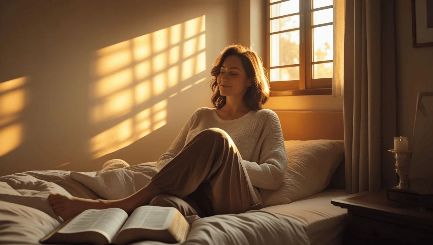 Christian woman sitting quietly on bed with eyes closed, practicing breath prayer