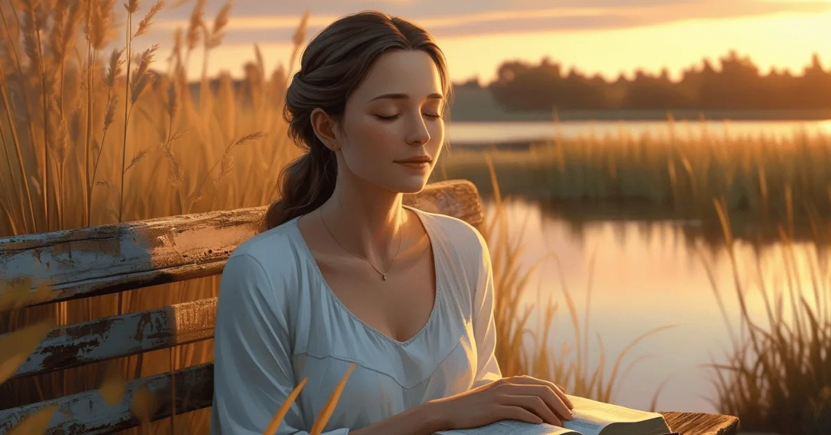 Christian woman sitting peacefully outdoors with an open Bible in her lap, practicing mindfulness in God’s presence
