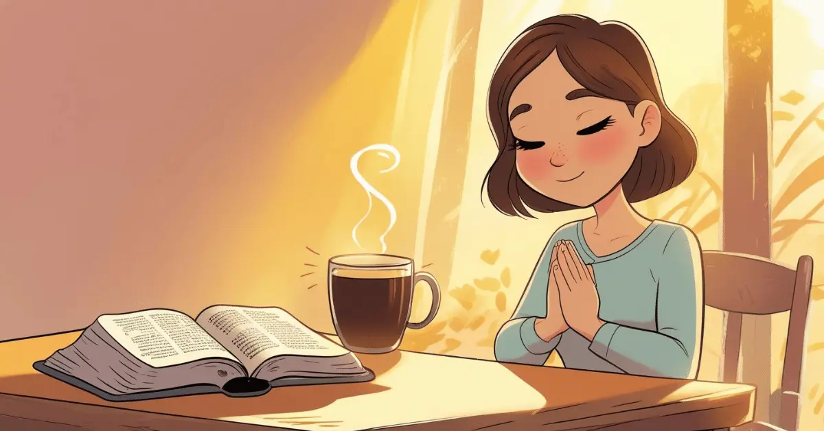 A Christian woman praying by the window at sunrise with Bible and coffee