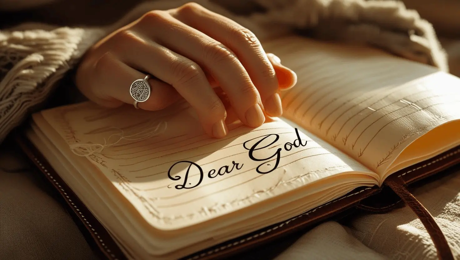 Hand writing prayers in a journal next to an open Bible.