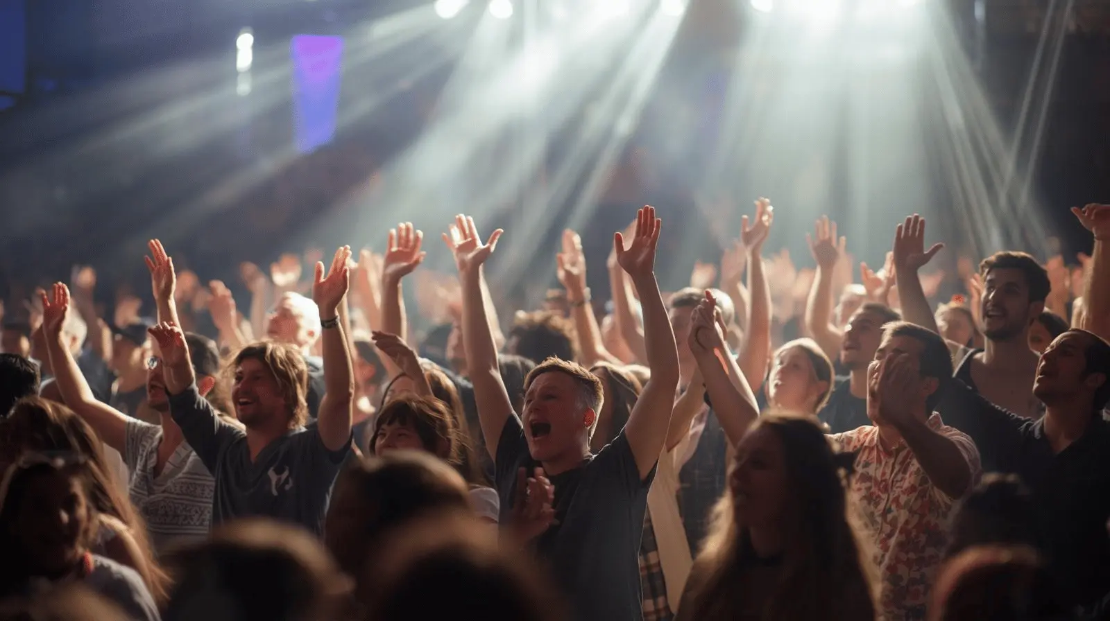 Christian worship with people raising hands in praise at church