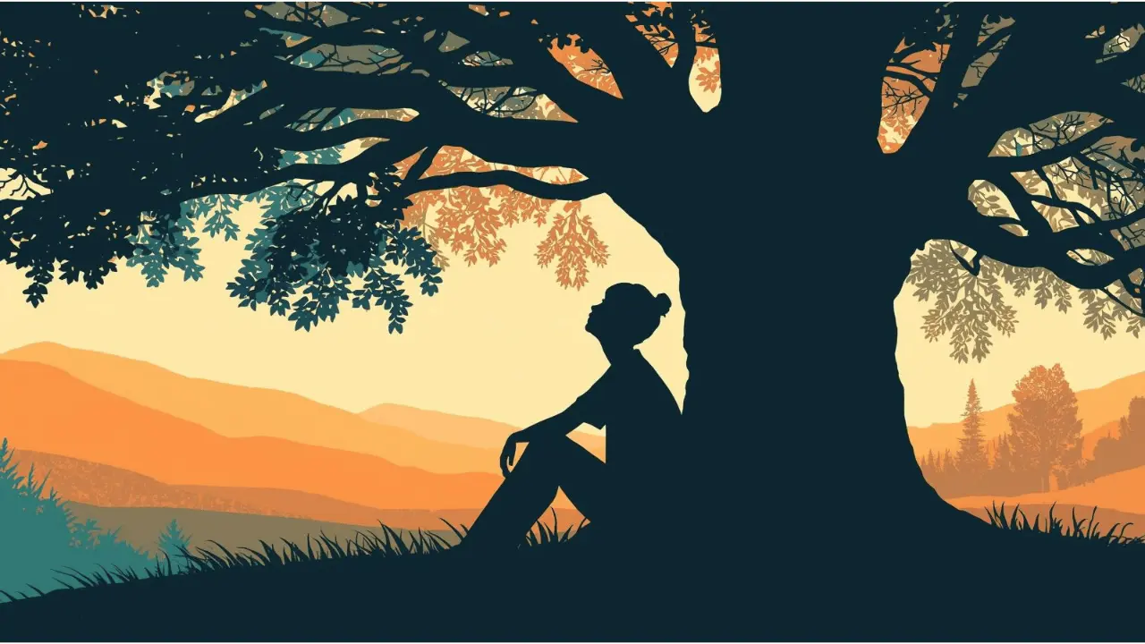 a person sitting under a tree with gentle light filtering through, representing God’s comforting presence