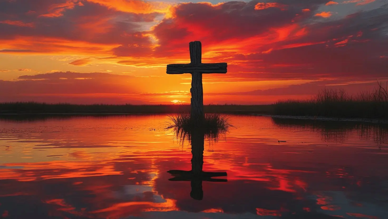 Sunset over calm waters with a cross in the distance, symbolizing God’s comfort in pain
