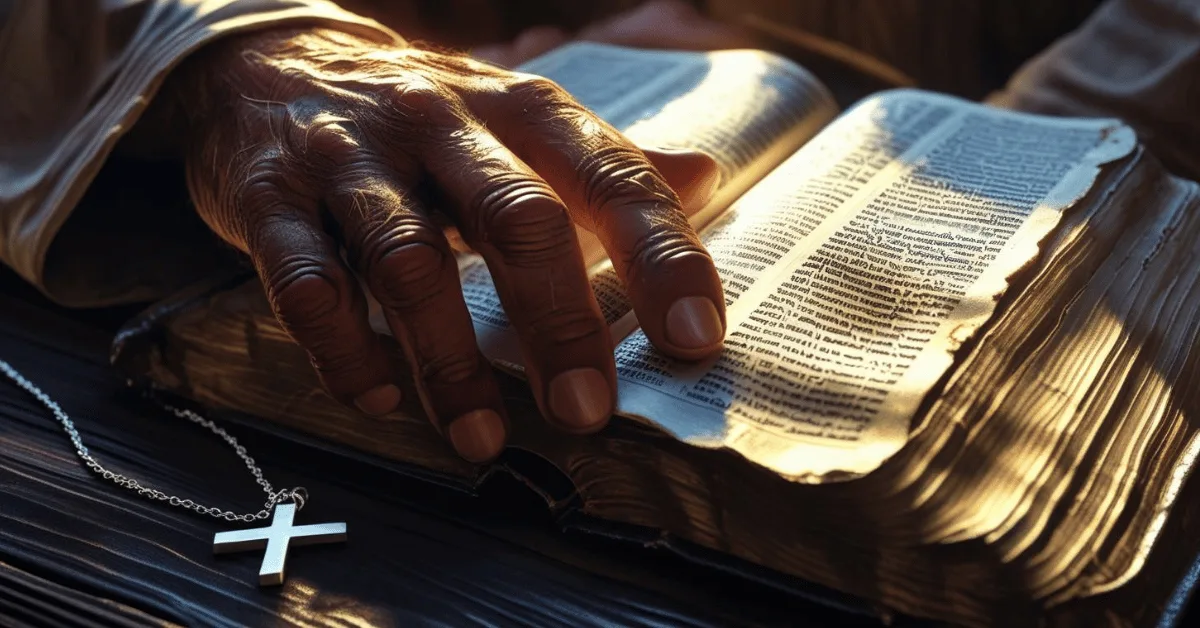 A person’s hand resting on an open Bible, with a cross necklace nearby.