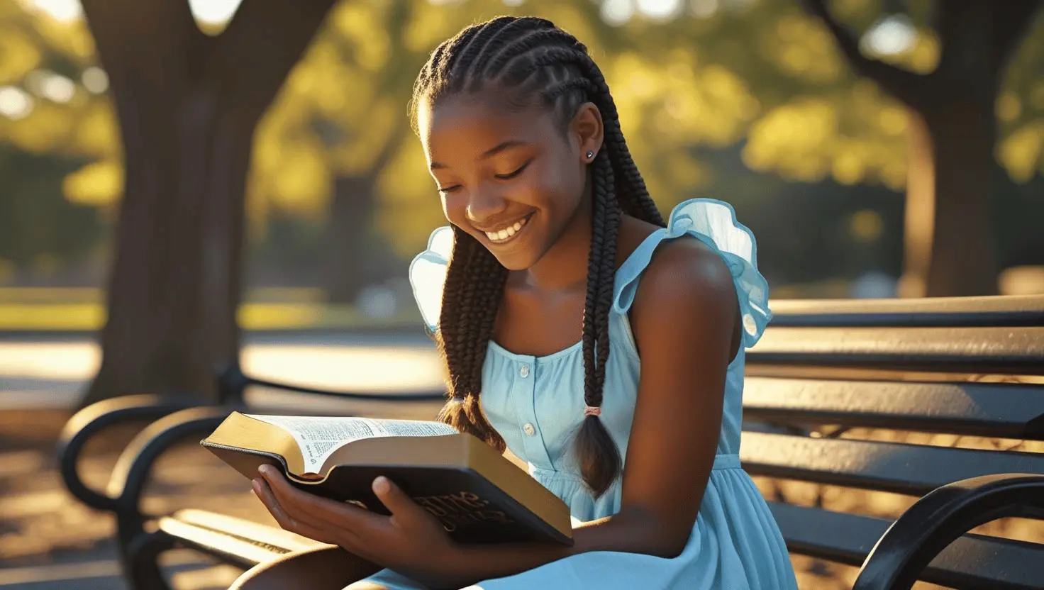 Teen girl finding joy in daily Bible reading outdoors.