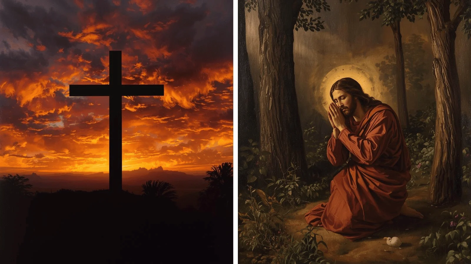 Christian cross and Jesus praying in Gethsemane side by side