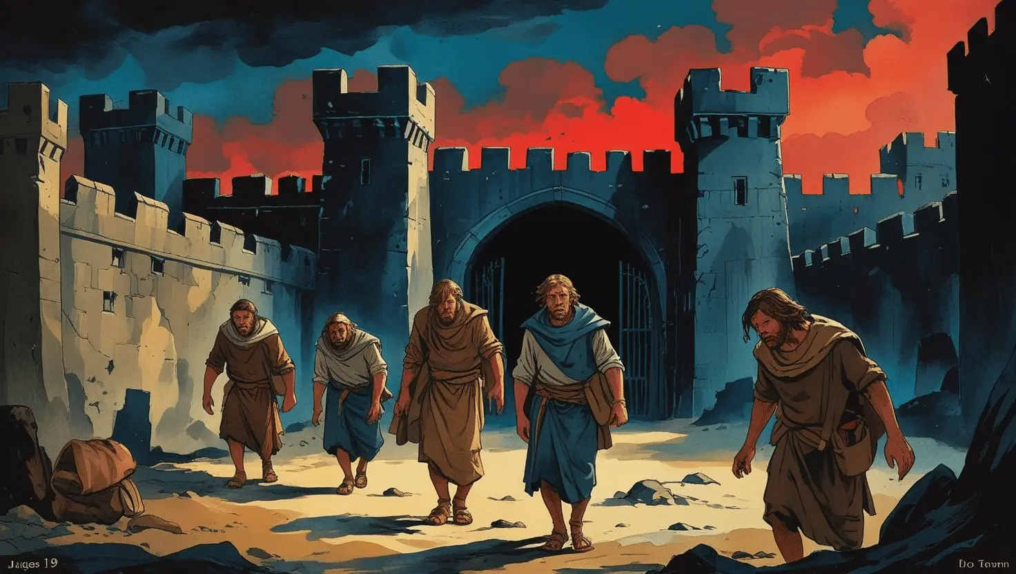 Ancient village scene with strangers at the city gate in danger