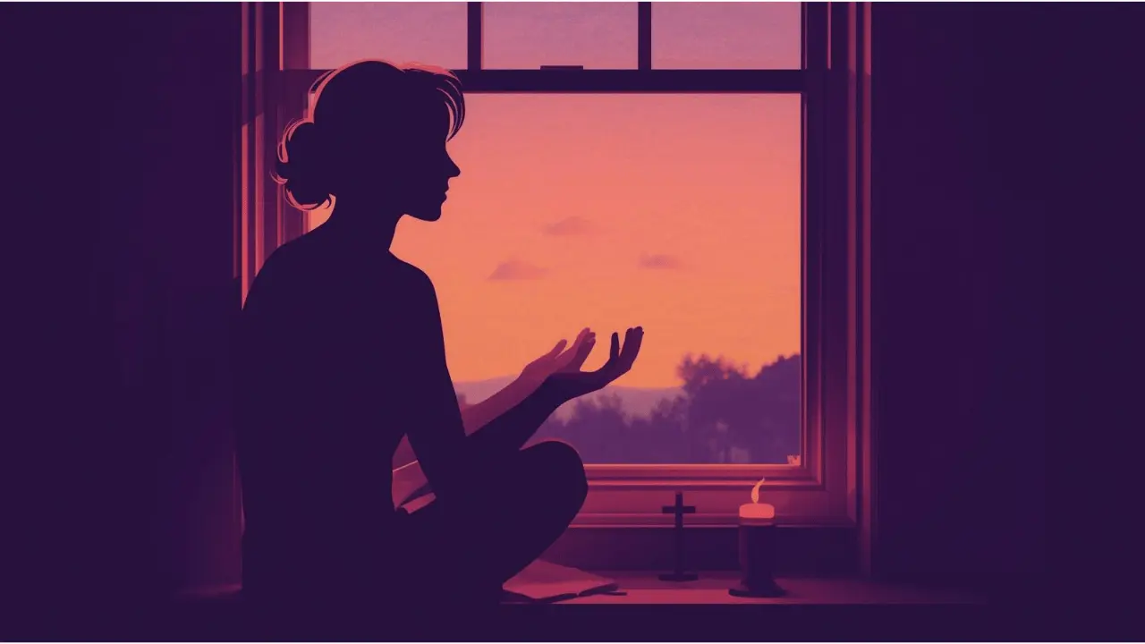 A person sitting by the window at dusk, hands open in prayer, releasing worries into the evening light