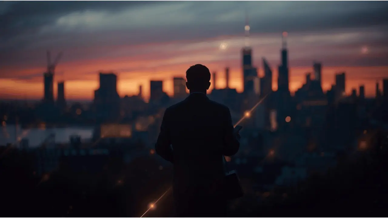 A young man standing at a city overlook at sunset, hands open in reflection — symbolizing living God’s commandments in today’s world