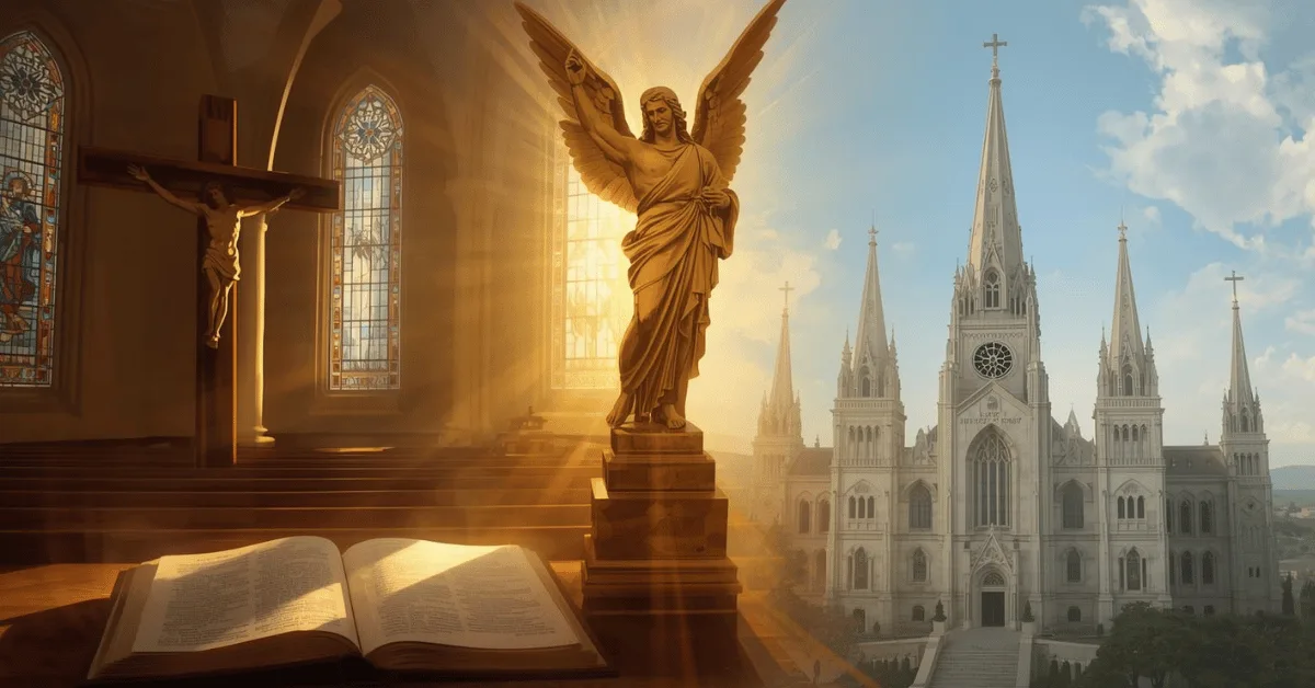 Illustration comparing Mormonism and Christianity beliefs, doctrines, and practices