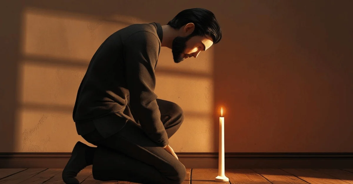 Christian man kneeling beside bed in evening prayer of confession