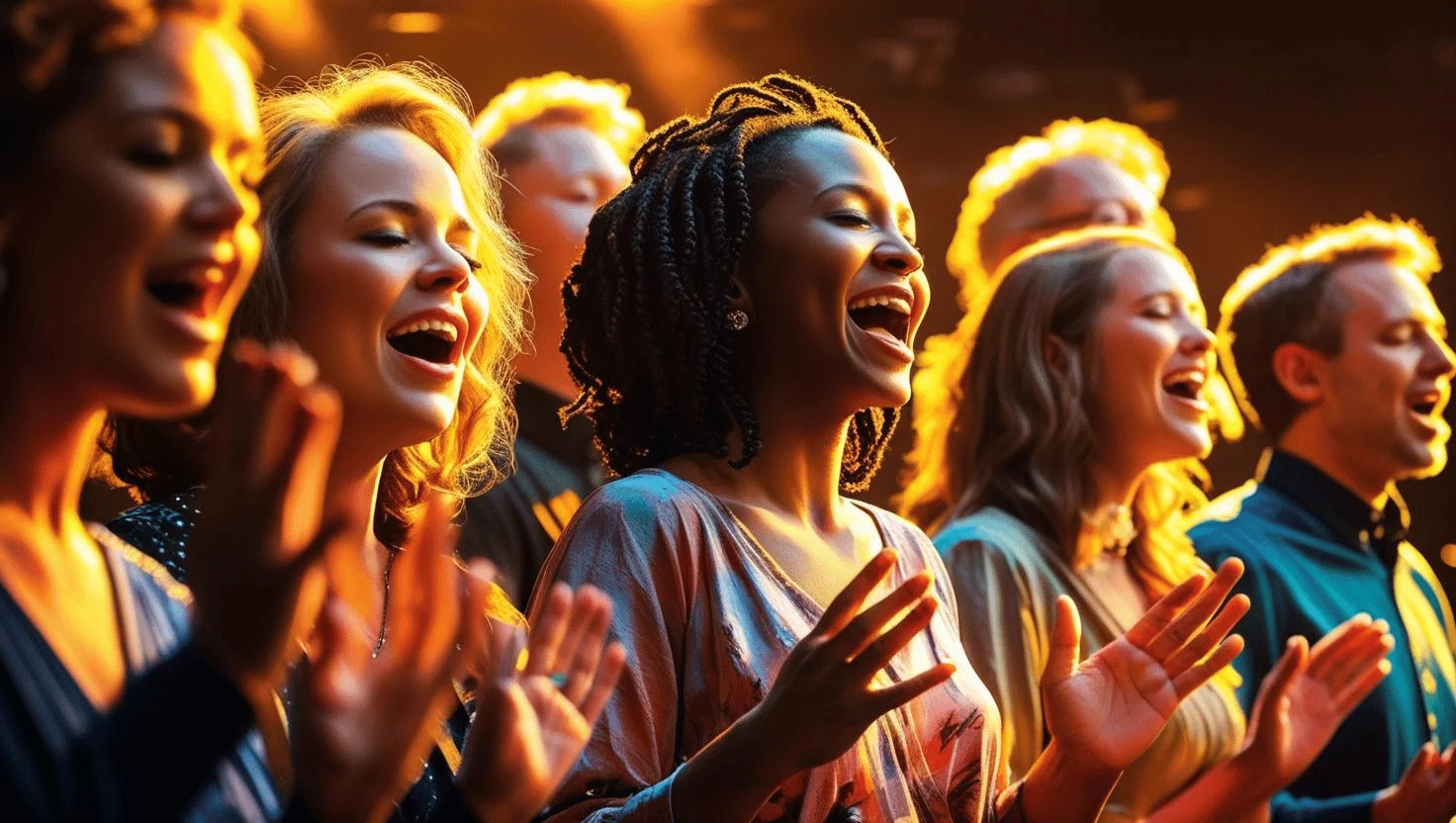 A church choir singing joyfully with bright expressions and music sheets