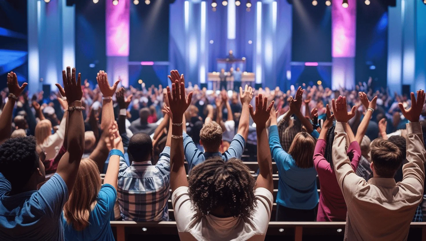 A modern church service with people joyfully worshiping together