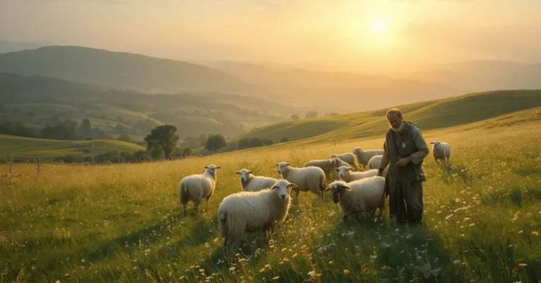 Psalm 23:1 I shall not want – shepherd with sheep in green pastures at sunrise