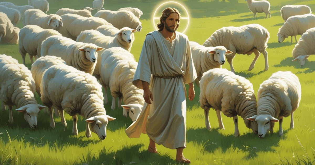 Peaceful shepherd guiding sheep in green pastures inspired by Psalm 23 — The Lord is My Shepherd