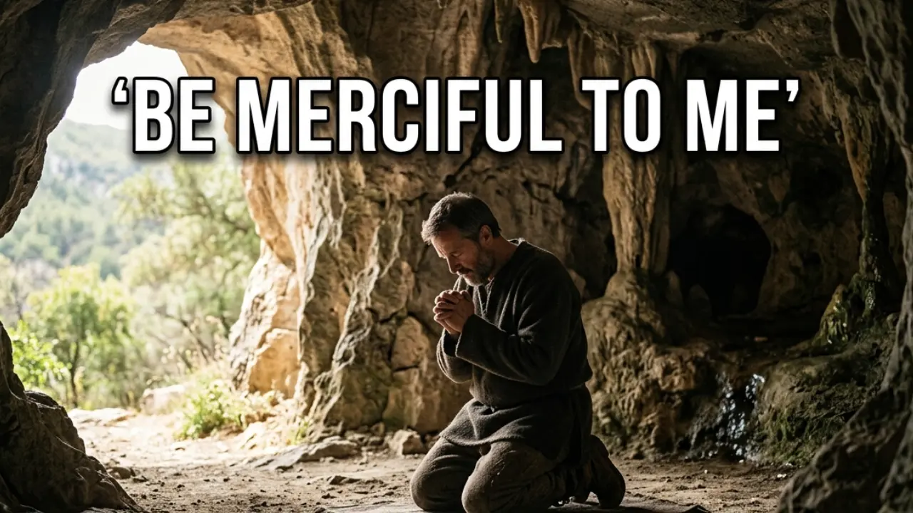 Man praying in cave representing David’s prayer in Psalm 57:1