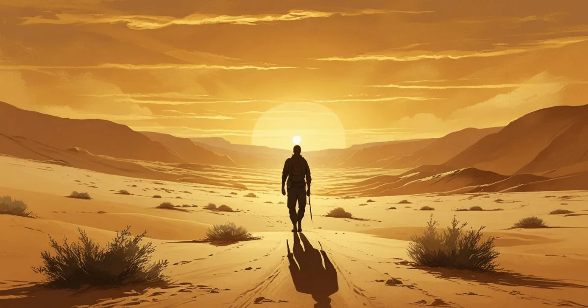 A lone traveler walking through a desert valley under a golden sky, symbolizing Israel’s exile and God’s eternal presence from Psalm 90