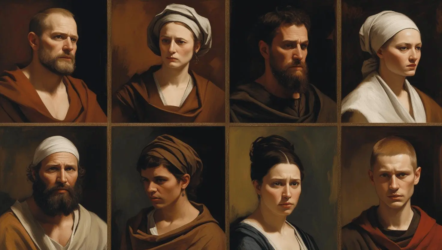 Collage-style image of diverse people — mother with children, soldier, businesswoman, and grieving family