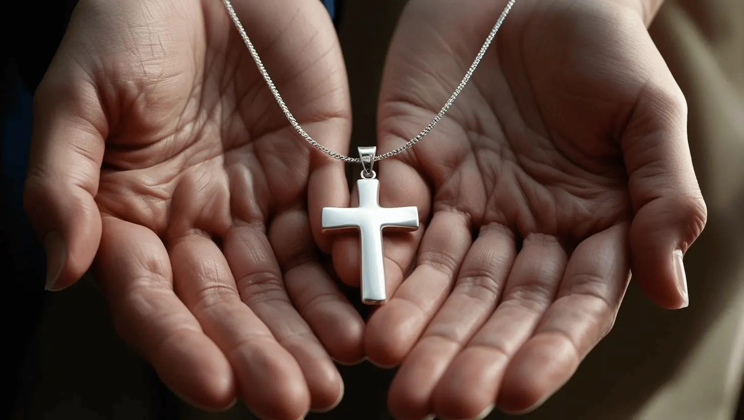 Couple holding cross necklace together showing shared Christian values